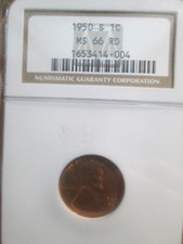 1950-S NGC MS66 RED Lincoln Wheat Back CENT