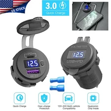 QC3.0 Dual USB Car Fast Charger Socket Power Outlet 12V LED Voltmeter Waterproof