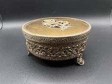 Vintage MCM Brass Filigree Glass Trinket Vanity Box Footed Applied Floral VG  