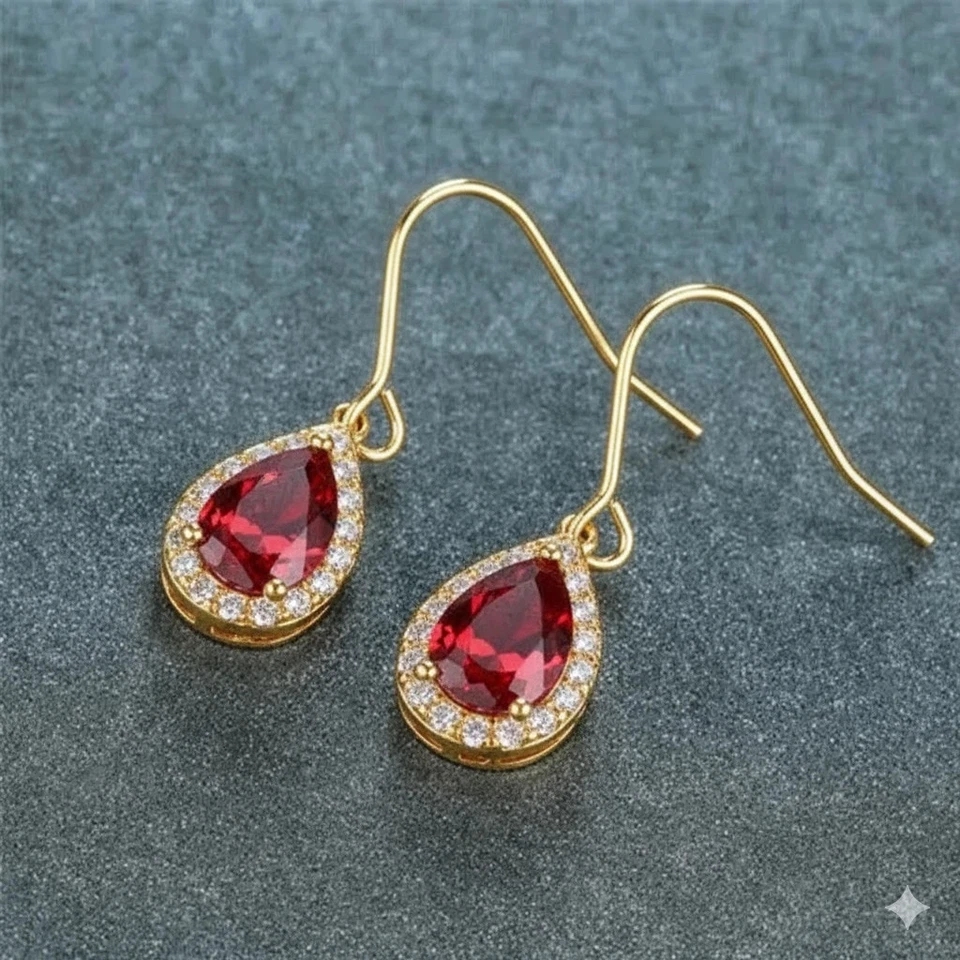 4Ct Lab-Created Ruby & Diamond Drop/Dangle Halo Earrings 14K Yellow Gold Finish - Image 3 of 4