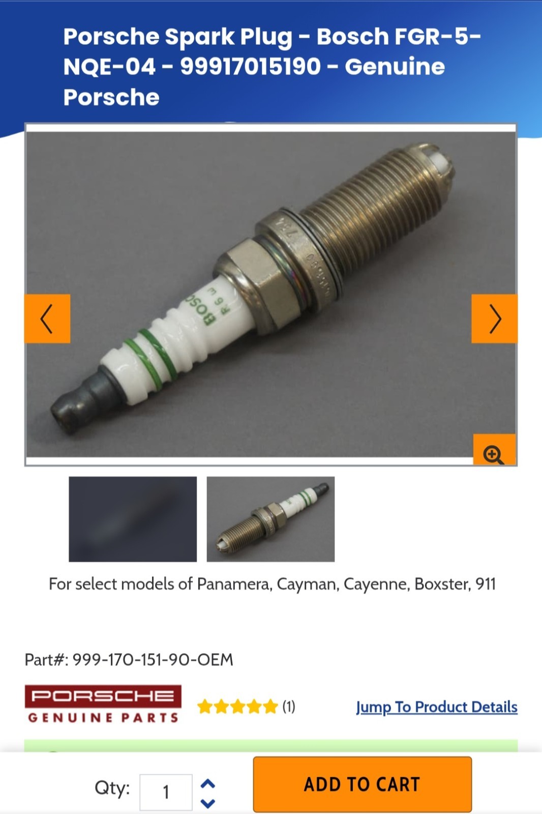 Porsche Set of 6 Spark Plugs OEM BOSCH 99917015190  / FGR5NQE04 FREE SHIPPING