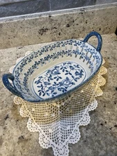 Vintage Blue And White Ceramic Basket With Handles 