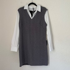 NWT Eliza J Shirt Dress Women 10 Grey White Cable Knit Layered Preppy Academia