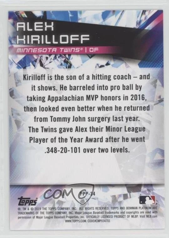2019 Bowman Platinum Orange Refractor /25 Alex Kirilloff #PPP-34 - Image 2 of 2