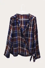 A New Approach a.n.a XL Brown Blue Plaid Tie Ruffle Front Blouse Long  Sleeve