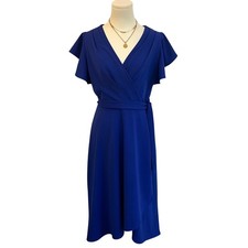 DKNY Royal Blue Wrap Dress Flutter Sleeves Fit & Flare Midi Cocktail Party Sz 6
