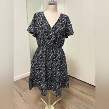 Camellia Woman's Black Floral Print Short Sleeve Mini Dress Large