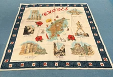 Vintage Greece Souvenir Scarf Rhodes Map Greek Key Border Colossus Landmarks