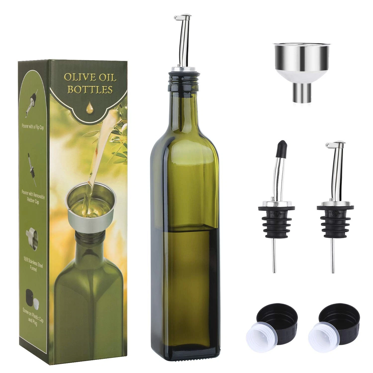 AOZITA 17oz Glass Olive Oil Bottle Dispenser - 500ml 17 Ounces, Dark Green