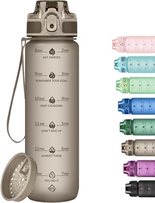 32oz Motivational Water Bottles with Time Marker & 32 Ounces, Brown Gray 
