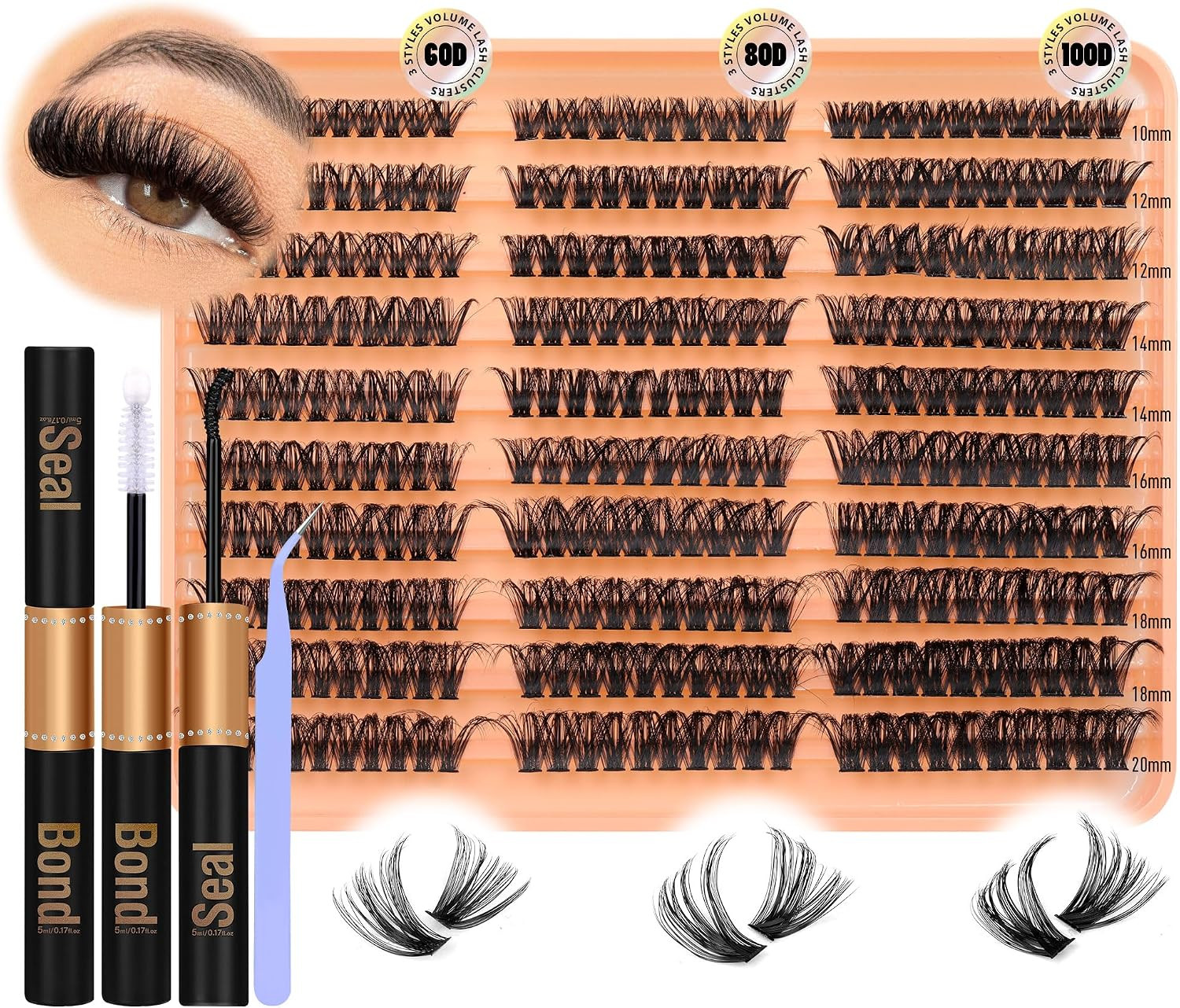 JIMIRE 300Pcs Eyelash Extension Kit Fluffy 60D+80D+100D Cluster Lashes Kit with