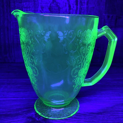 Vintage Uranium Vaseline Green Depression Glass Floral Flower Pitcher