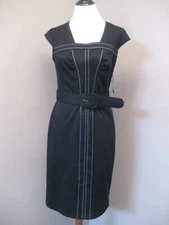 NWT! JAX Black Stretch Belted Cap Sleeve Sheath Dress Sz 10 $140