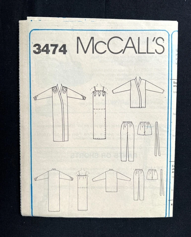 McCall's 3474 Misses Robe-Gown-Camisole-Pants-Shorts 1987 Pattern sz 10-12 Uncut - Image 3 of 3