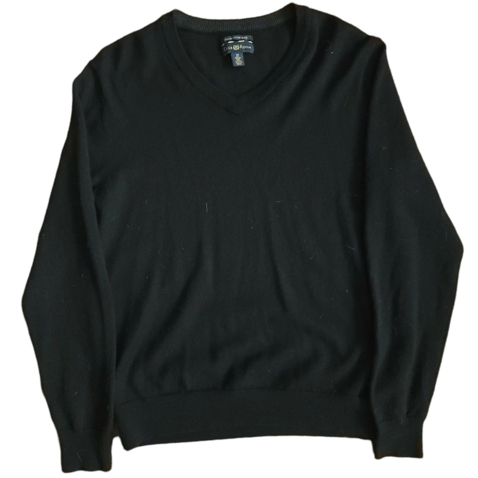Club Room Black Pullover Sweater Mens Medium Merino Wool V Neck Italian Yarn L/S