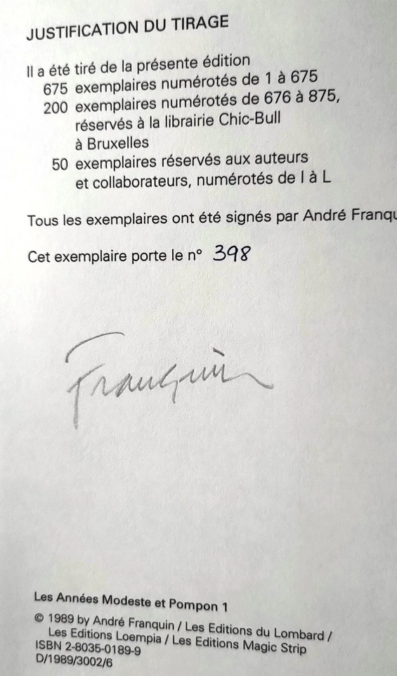 FRANQUIN - Tirage de Luxe LES ANNEES MODESTE & POMPON DE FRANQUIN 1989 - Photo 2/4