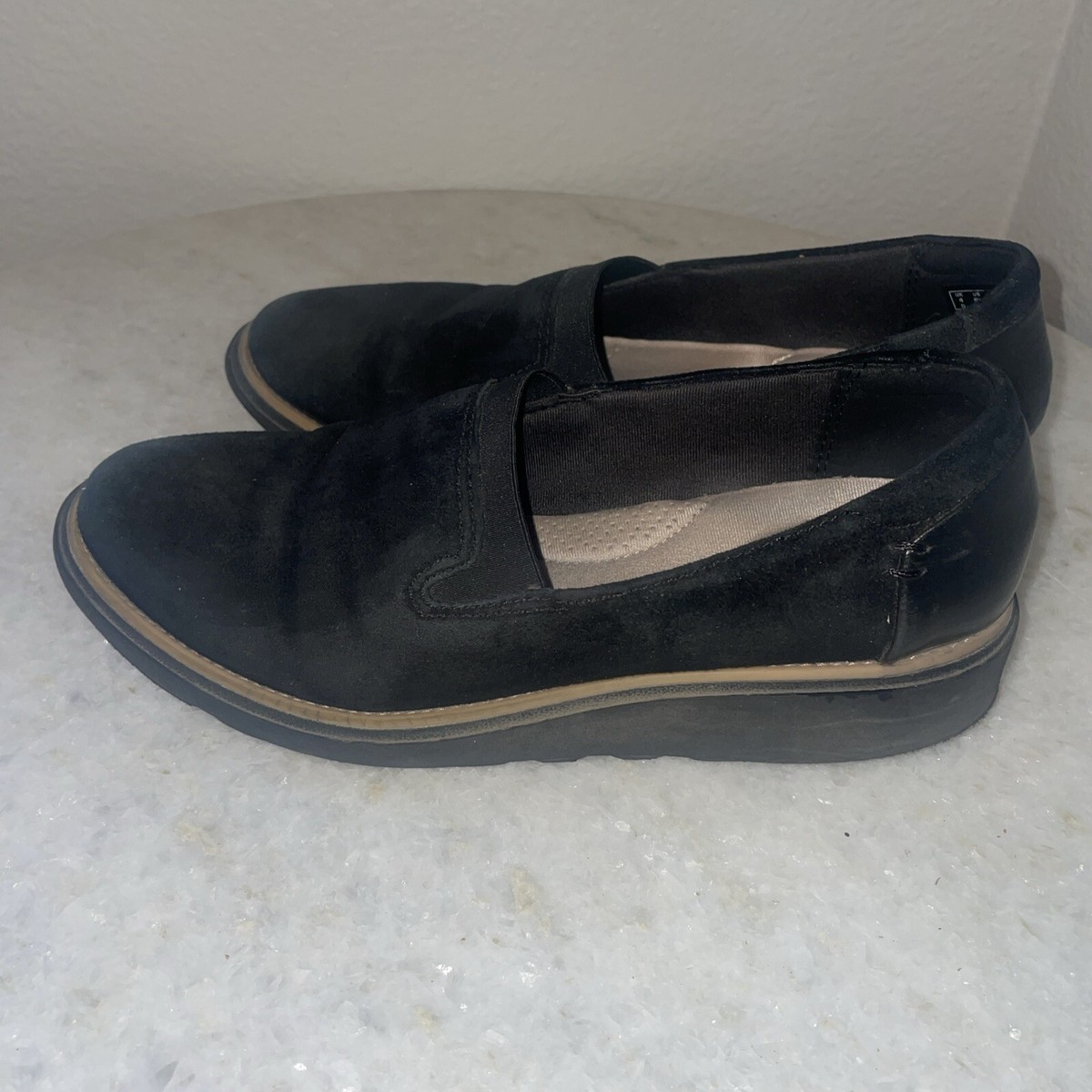 Clarks Women Slip On Loafer Sharon Dolly Wedge Shoe Black Tie Bow