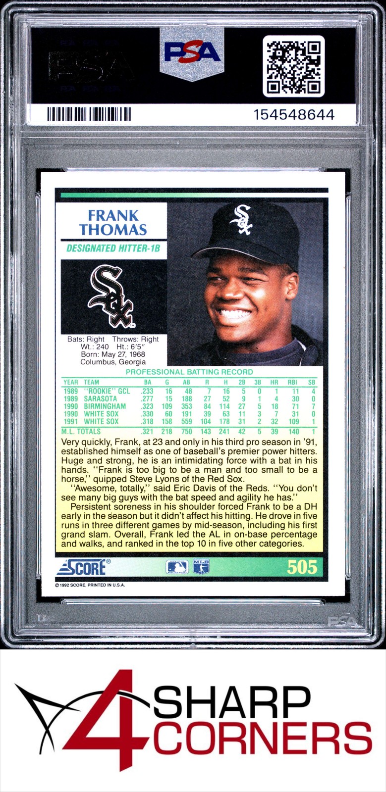 1992 SCORE #505 FRANK THOMAS WHITE SOX HOF PSA 10 view 2