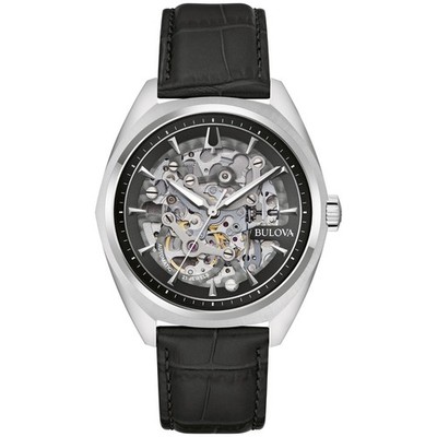 Bulova Men's Automatic Skeleton Surveyor Black Leather Watch 41MM 96A310