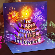 UPGRADED Birthday Cards Fireworks Pop Up Cake Light and Music Happy Birthday Gif