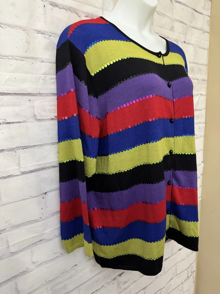 Coldwater Creek Plus 3X Silk Blend Striped Sequin Cardigan Sweater Purple Red - Image 2 of 4