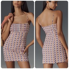 Maeve The Ophelia Smocked Linen Slim Mini Dress Geometric Print Women's Size 12