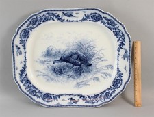 Large Antique Late-19thC English CAULDON Flow Blue Porcelain Turkey Platter, NR