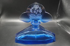 Vintage Art Deco Czech Blue Glass Perfume Bottle w/ Large Etched Stopper