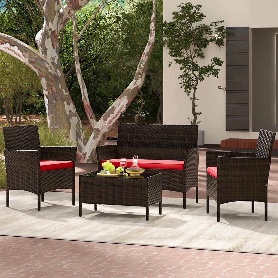 4PCS Outdoor Furniture Set Patio Rattan Conversation Set w/ Red Cushion - Image 2 of 4