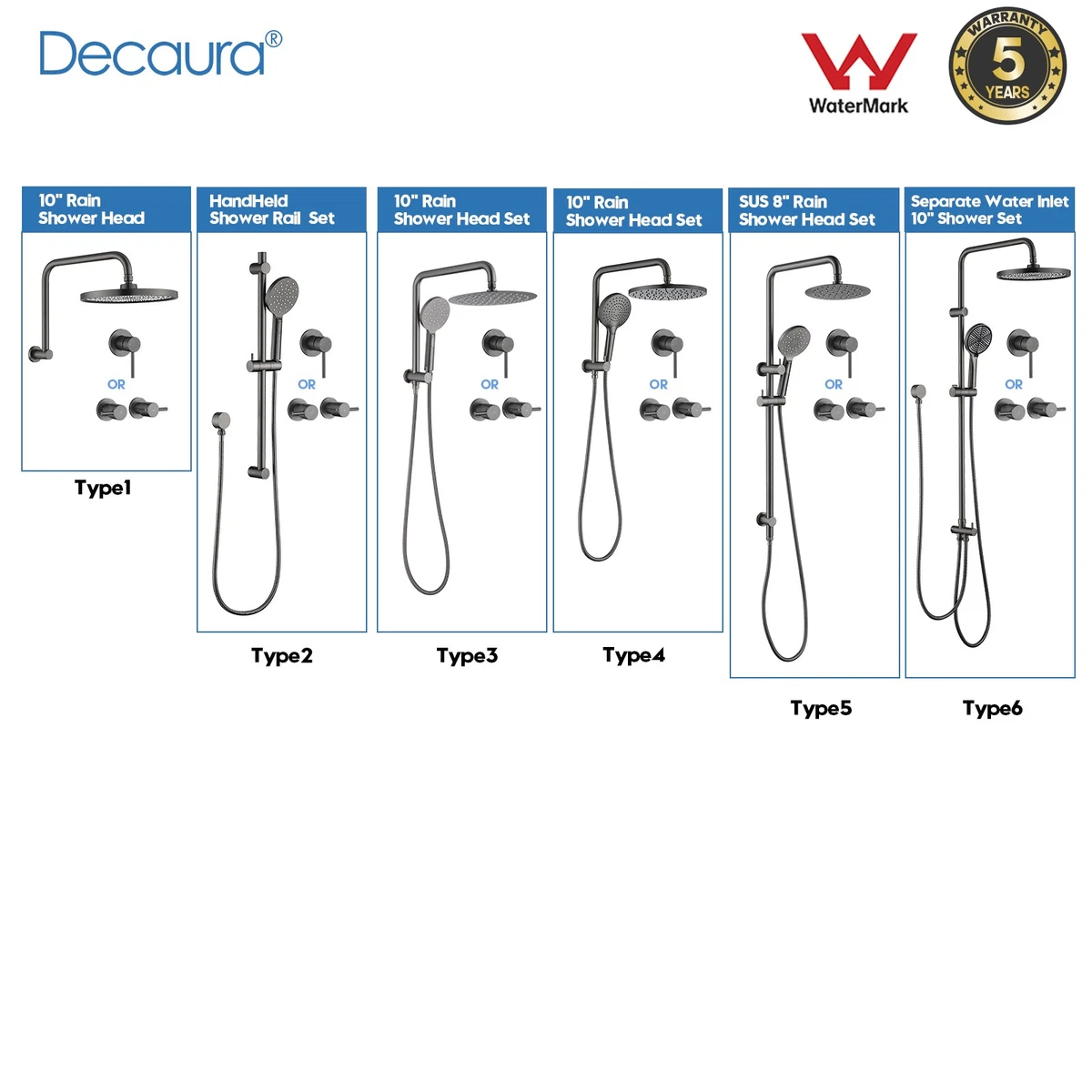 Decaura Shower Head Set Round Rail Set Shower Mixer Taps Brushed Gunmetal WELS