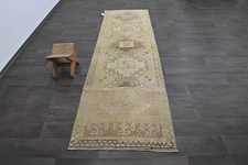 Vintage Turkish Runner Rug 3x9ft Wool Anatolian Handmade Hallway Oushak BEIGE