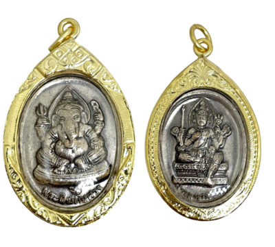Lord Ganesha Brahma Four-Faced God Hindu Amulet Pendant Gold Plated Frame #3