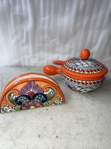 Talavera Salsa Schüssel mit Löffel und Serviettenhalter 2er Set Puebla -orange- - Bild 3 von 9