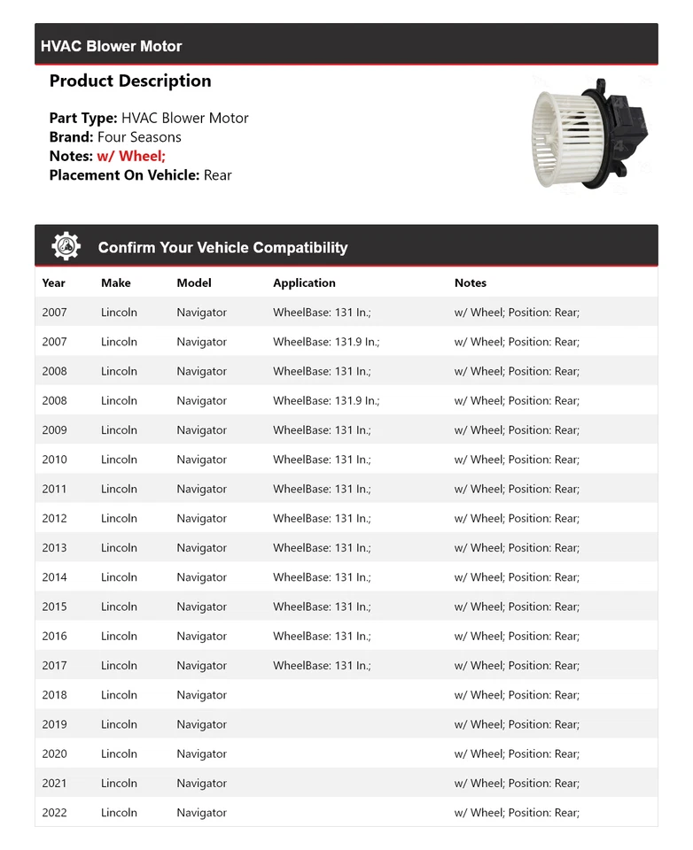 Soplador de climatización trasero para Lincoln Navigator 2007-2022 4 estaciones 2008 2009 2010 Foto 2 de 4