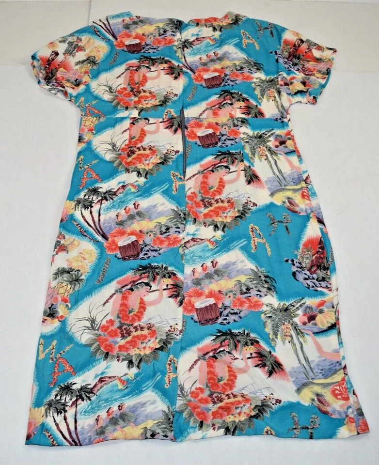 Винтажное гавайское платье размер S/M 70-е океан синий хула танцоры пальмы вискоза - Изображение 2 из 4