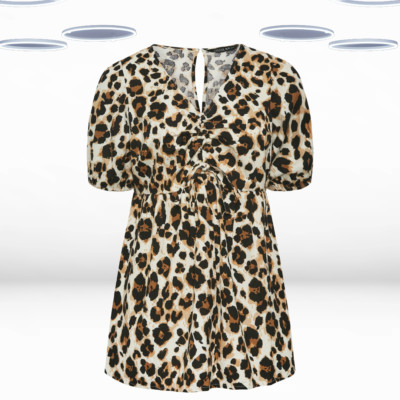 Ex Women's Plus Size Animal Print Ruched Front Peplum Top in Brown Leopard