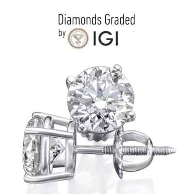 IGI CERTIFIED 2 Ct Real Lab Grown Diamond Studs Earrings Platinum D VVS2