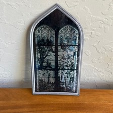 Silver Framed Stained Jesus and Sheep Religious Glass Art heavy metal