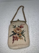 Vintage Beige Floral Tapestry Needlepoint Purse With A Gold Tone Chain