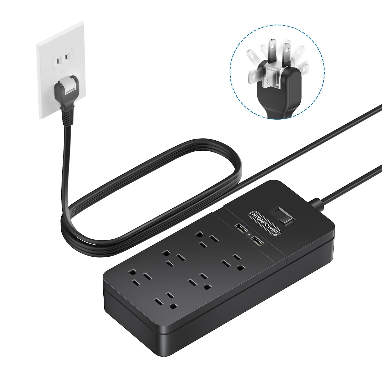2 Prong Surge Protector Power Strip with 10ft Extension Cord, 2 Prong to 3 Pr...