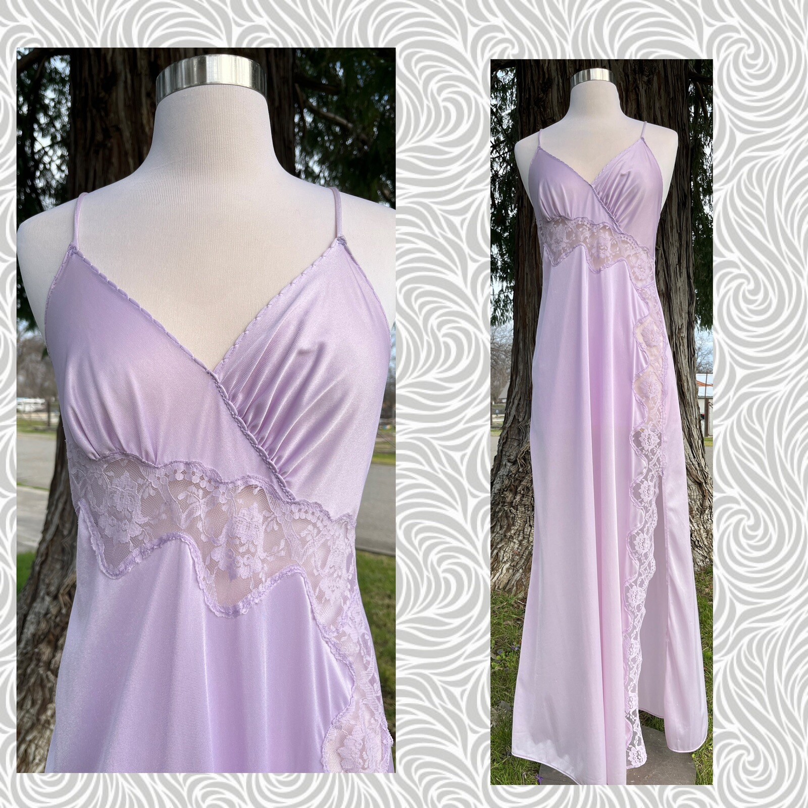 Vintage JCPenney ILGWU Lavender Lace Maxi Nightgown L… Gem