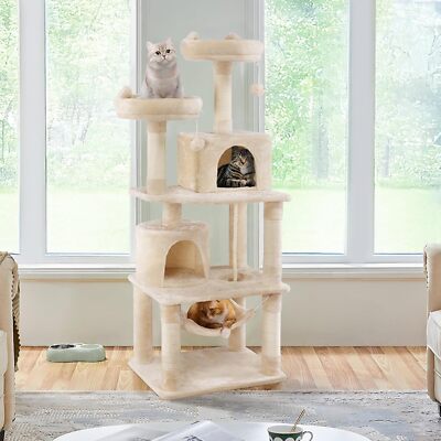 Yaheetech mehrstufiger Kratzbaum Turm mit Eigentumswohnung Hängematte Kratzbaum beige