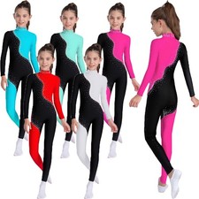 US Girls Full Body Leotard Ballet Dance Unitard Long Sleeve Color Block Jumpsuit