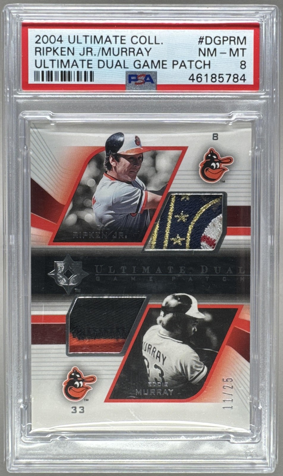 5784 Cal Ripken Jr Eddie Murray 2004 Upper Deck Ultimate Dual Patch /25 PSA 8
