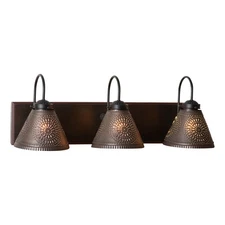 3-Arm Vanity Light Fixture "Crestwood" Wood Punched Tin Metal Shade Rustic Black