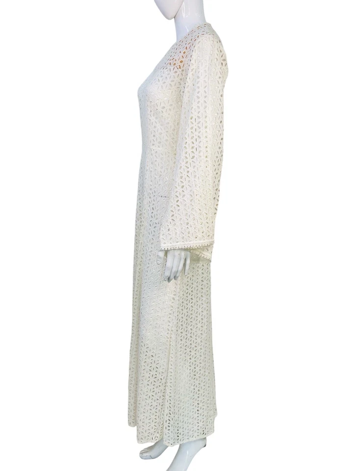 Doen Damen Weiß Gehäkelt Bestickt Ösen Baumwolle Lang Midi Maxi Kleid S - Bild 4 von 4