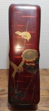 Antique Japanese Red Lacquer Gold Maki-E Hinged Box, Birds, Flower