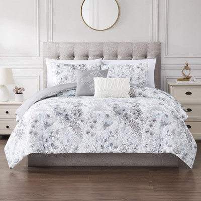 Modern Threads 5-Piece Printed Comforter Set Giverny Queen In White Grey Blue