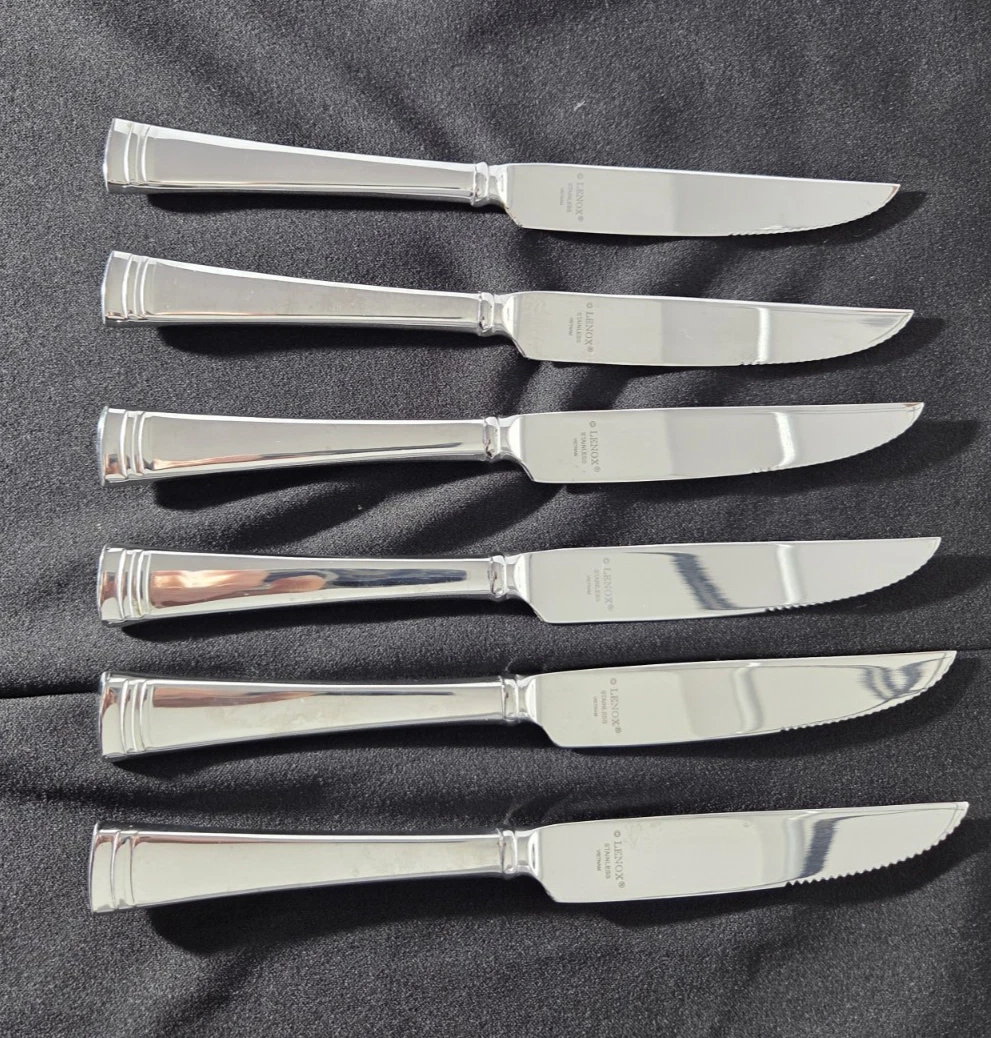LENOX FEDERAL PLATINUM STAINLESS SET OF 6 DINNER KNIVES (SERRATED EDGE)
