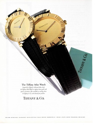 1991 Tiffany Atlas Men's and Women's Wrist Watch Magazine Ad, Wall Art, 1990s